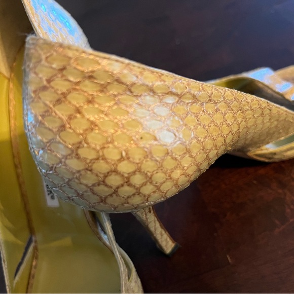 Manolo Blahnik Heels Snakeskin Leather Stilettos Open Toe Gold Euro 38.5 - Picture 9 of 11